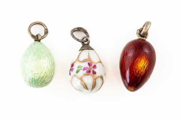 THREE RUSSIAN ENAMEL EGG CHARMS (3)