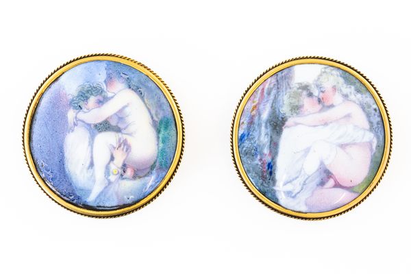 TWO EROTIC ENAMEL STUD BROOCHES (2)