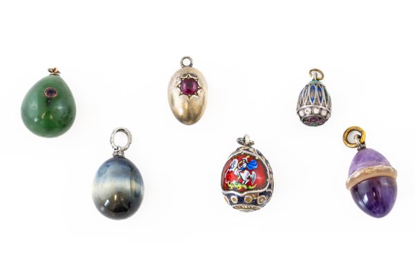 SIX ASSORTED EGG PENDANTS (6)