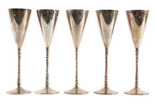 FIVE STUART DEVLIN SILVER WINE GOBLETS (5)