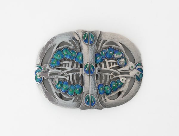 JESSIE M. KING; A LIBERTY AND CO SILVER AND ENAMELLED TWO PIECE ART NOUVEAU WAISTBELT BUCKLE