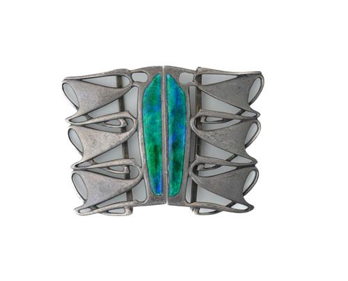 ARCHIBALD KNOX; A LIBERTY AND CO SILVER AND ENAMELLED TWO PIECE ART NOUVEAU WAISTBELT BUCKLE