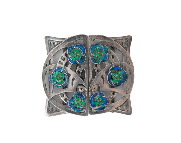 JESSIE MARION KING FOR LIBERTY AND CO; A SILVER AND ENAMELLED TWO PIECE WAISTBELT BUCKLE