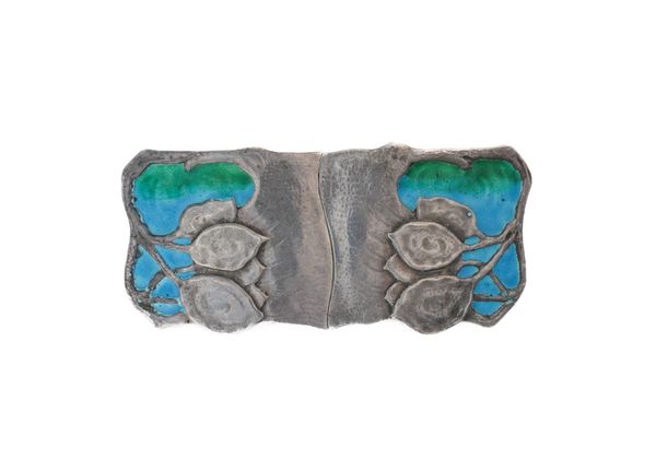 A SILVER AND ENAMELLED TWO PIECE ART NOUVEAU WAISTBELT BUCKLE