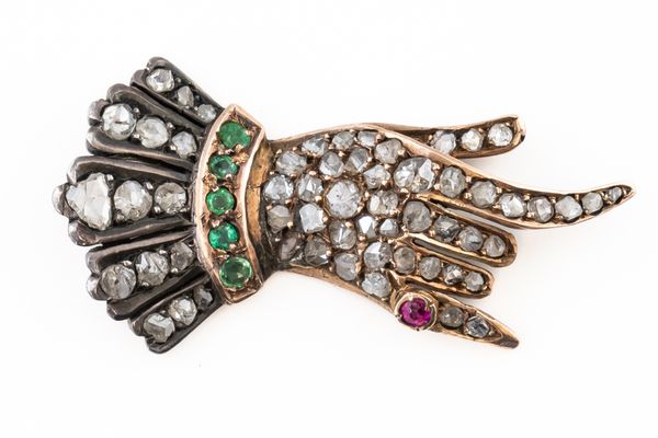 A 19TH CENTURY DIAMOND, RUBY AND EMERALD HAND