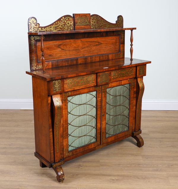 A REGENCY BRASS INLAID ROSEWOOD SHELF-BACK CHIFFONIER