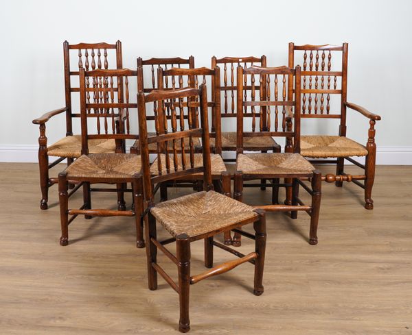 A MATCHED SET OF EIGHT EARLY 19TH CENTURY ASH AND OAK BOBBIN BACK KITCHEN CHAIRS (8)