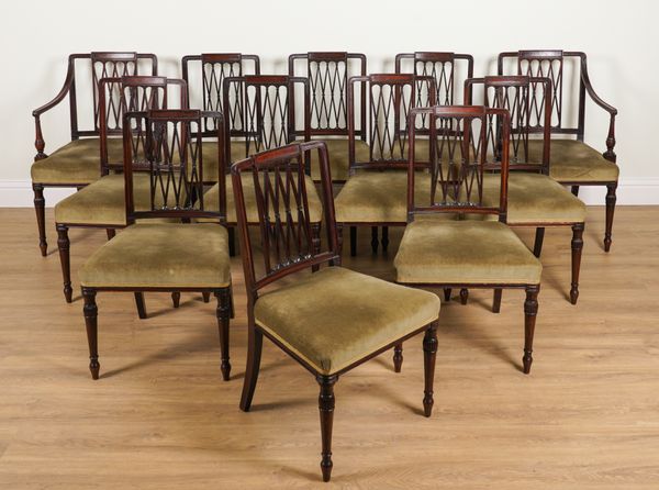 A SET OF TWELVE MAHOGANY LATTICE BACK DINING CHAIRS (12)