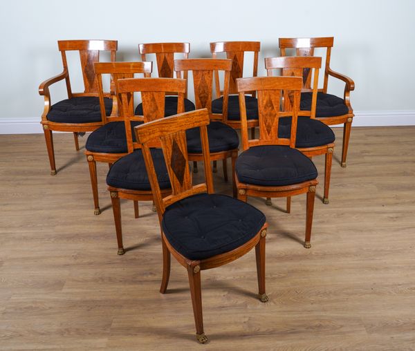 A SET OF TEN EMPIRE REVIVAL ORMOLU MOUNTED SPLAT BACK DINING CHAIRS (10)