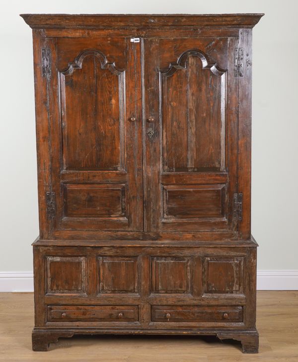 AN 18TH CENTURY STAINED PINE ARCH PANEL TWO DOOR HANGING CUPBOARD