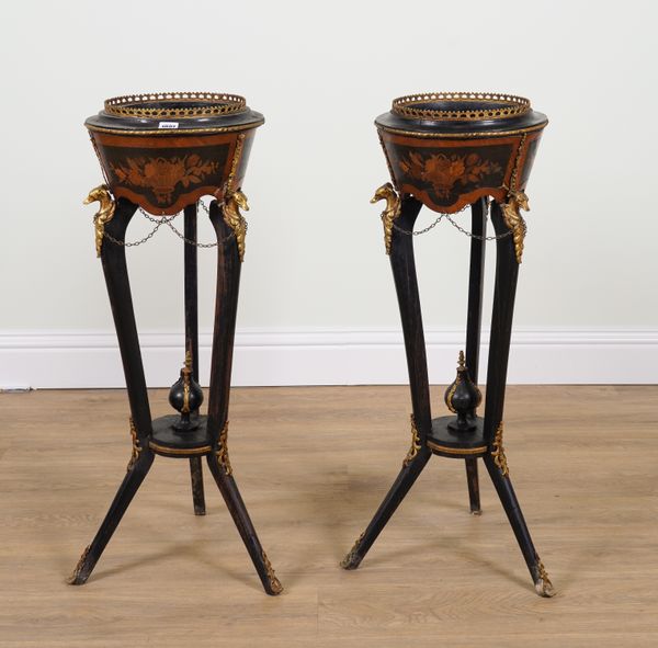 A PAIR OF GILT METAL MOUNTED FLORAL MARQUETRY INLAID EBONISED CIRCULAR JARDINIERES (2)