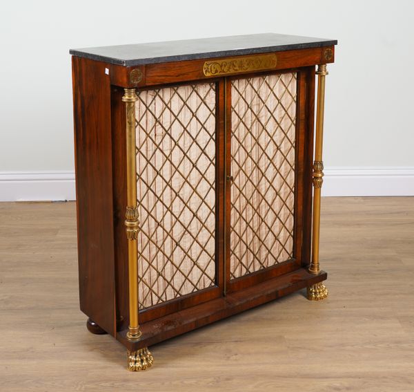 A REGENCY BRASS INLAID ROSEWOOD MARBLE TOPPED TWO DOOR SIDE CABINET