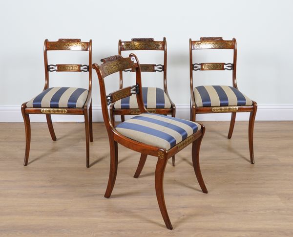 A SET OF FOUR REGENCY BRASS INLAID FAUX ROSEWOOD PAINTED BAR BACK DINING CHAIRS (4)