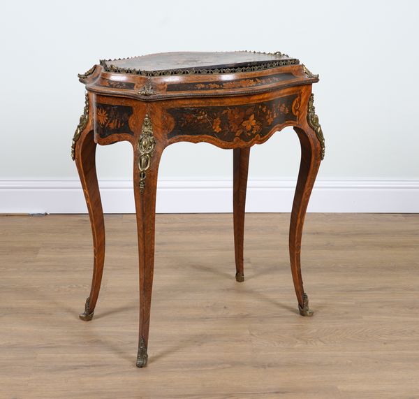 A 19TH CENTURY FLORAL MARQUETRY INLAID KINGWOOD AND ROSEWOOD JARDINIERE TABLE