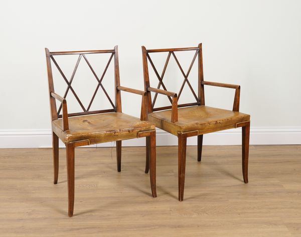 TOMMI PARZINGER ORIGINALS; A PAIR OF MID 20TH CENTURY MAHOGANY FRAMED OPEN ARMCHAIRS (2)