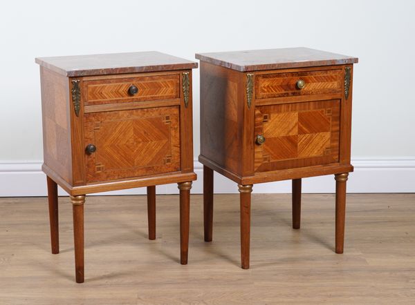 A PAIR OF LOUIS XVI MARBLE TOPPED BEDSIDE CUPBOARDS (2)