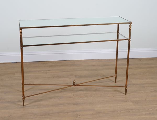 A LOUIS XVI STYLE GILT METAL MIRRORED GLASS CONSOLE TABLE