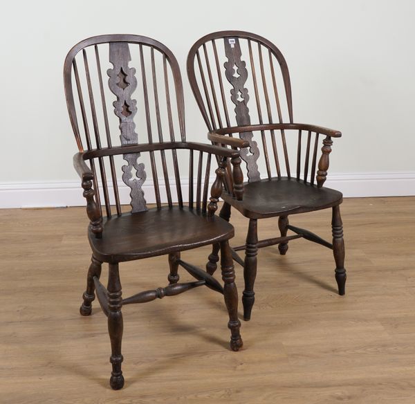 A NEAR PAIR OF 19TH CENTURY ASH AND ELM PIERCED SPLAT BACK WINDSOR CHAIRS (2)