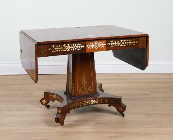 A REGENCY BRASS INLAID ROSEWOOD TWO DRAWER SOFA TABLE