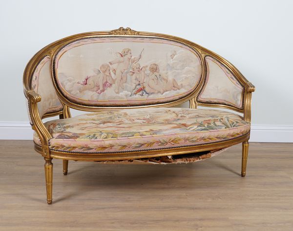 A LOUIS XVI STYLE GILT FRAMED FIVE PIECE SALON SUITE (5)