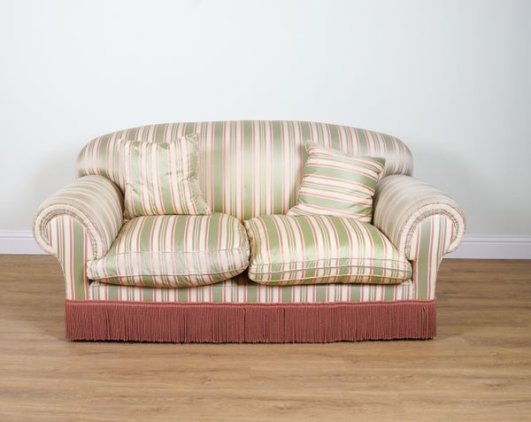 A TWO SEAT RUBELLI STRIPED SILK UPHOLSTERED SOFA