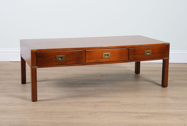 A CAMPAIGN STYLE BRASS BOUND RECTANGULAR THREE DRAWER COFFEE TABLE