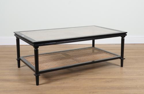 A BLACK LACQUERED RECTANGULAR TWO TIER COFFEE TABLE