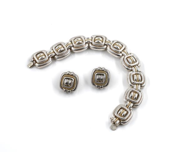 A TIFFANY AND CO SILVER AND GOLD BRACELET WITH A MATCHING PAIR OF EARCLIPS (2)