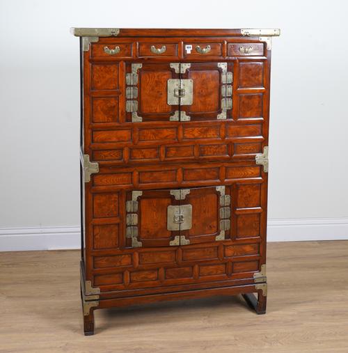 A LATE 19TH CENTURY EASTERN METAL MOUNTED ELM AND SOFTWOOD TWIN SECTION TANSU