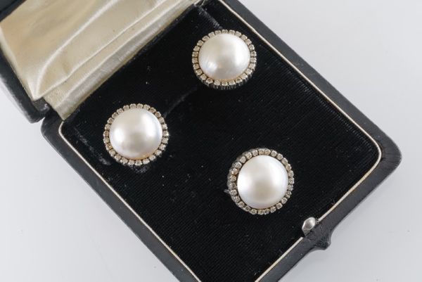 A MABE PEARL AND DIAMOND RING AND EARRINGS SET