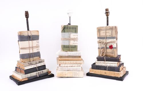 TWO PAIRS OF STRING TIED-BOOK TABLE LAMPS AND ANOTHER (5)