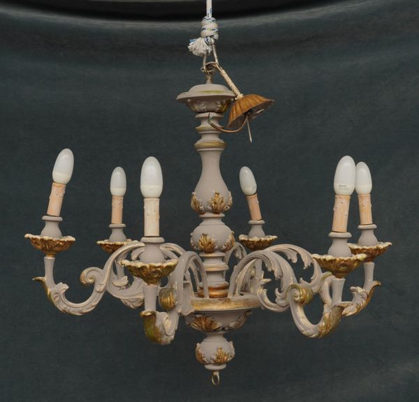 A LOUIS XVI STYLE GILT GESSO AND WOOD GREY PAINTED SIX LIGHT CHANDELIER