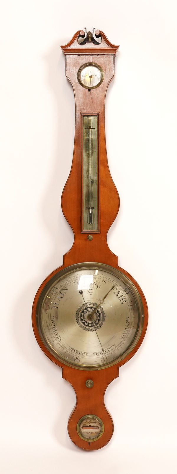 A LATE GEORGE III SATINWOOD AND OUTLINED WHEEL BAROMETER