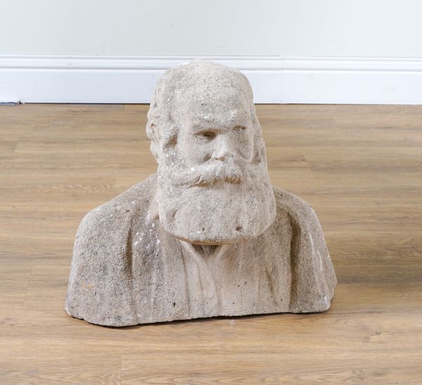 A VICTORIAN CARVED STONE BUST OF A BEARDED GENTLEMAN