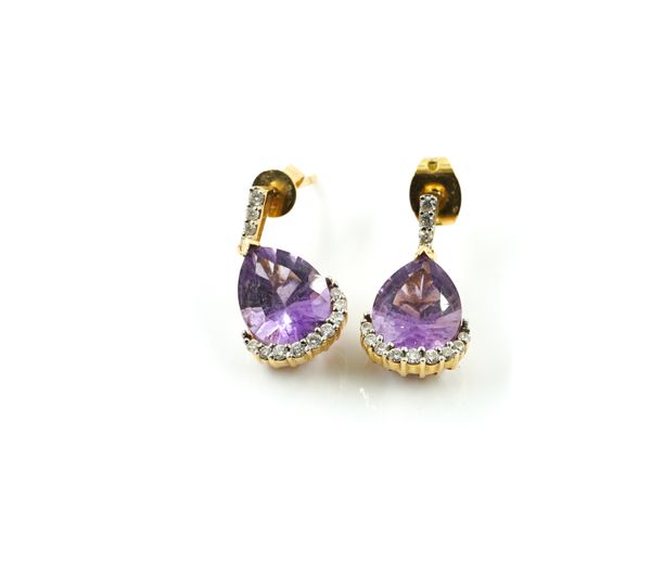 A PAIR OF AMETHYST AND DIAMOND DROP EARRINGS