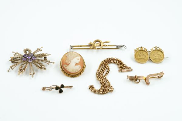 SIX BROOCHES AND A GOLD NECKCHAIN (7)