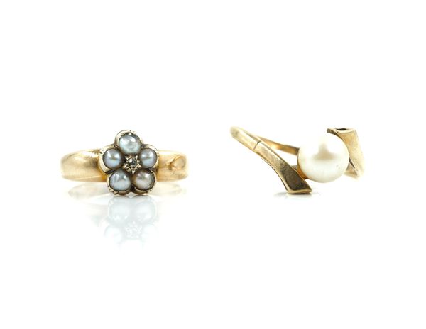 A GOLD, HALF PEARL AND DIAMOND RING AND ANOTHER GOLD AND CULTURED PEARL RING (2)