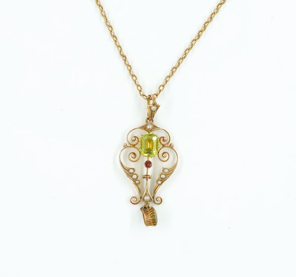 A GOLD, SEED PEARL AND PALE GREEN GEM SET PENDANT, WITH A GOLD NECKCHAIN (2)