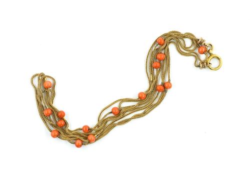 A GOLD AND CORAL LONG GUARD CHAIN