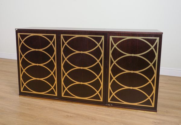 A MODERN BRASS INLAID HARDWOOD T.V CABINET