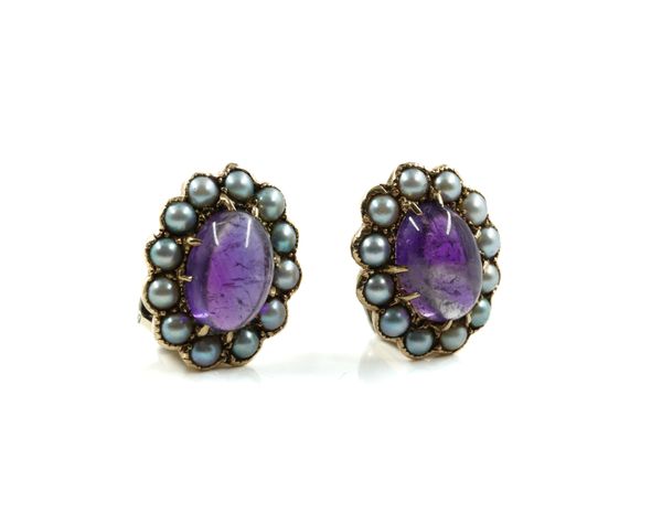 A PAIR OF GOLD, CABOCHON AMETHYST AND HALF PEARL EARCLIPS