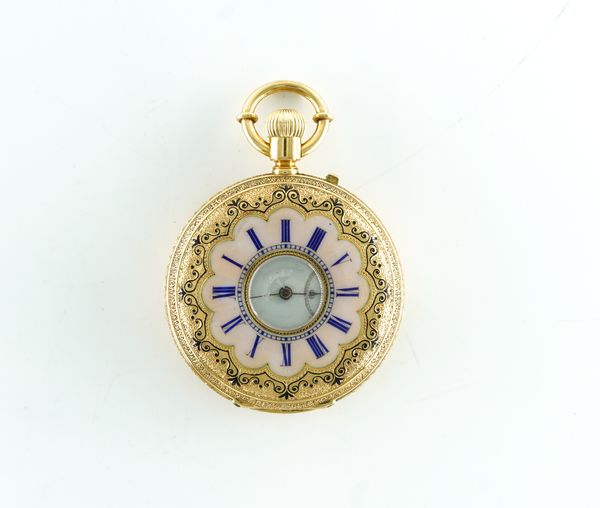 A ULYSSE NARDIN GOLD CASED AND ENAMELLED LADY'S KEYLESS WIND, HALF HUNTING CASED FOB WATCH