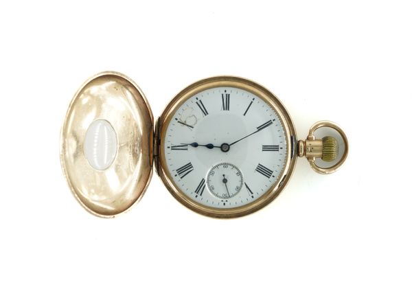 A 9CT GOLD CASED, KEYLESS WIND, HALF HUNTING CASED GENTLEMAN'S POCKET WATCH