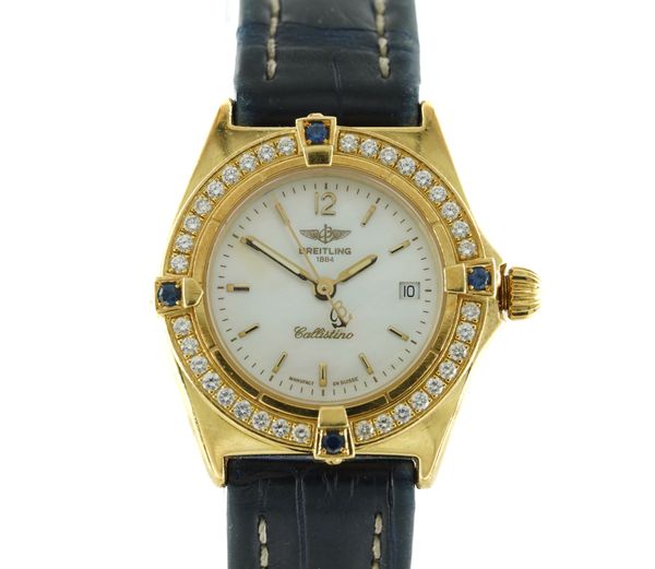 A BREITLING CALLISTINO 18CT GOLD, DIAMOND AND SAPPHIRE LADY'S DRESS WRISTWATCH