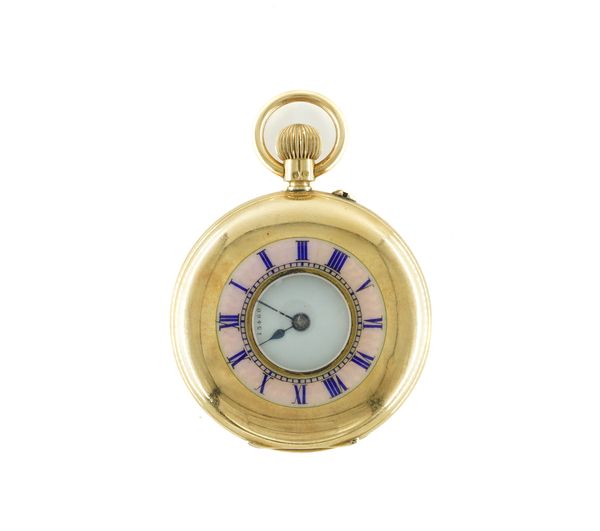 AN 18CT GOLD CASED, KEYLESS WIND, HALF HUNTING CASED LADY'S FOB WATCH (2)