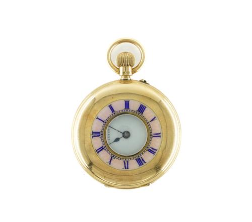 AN 18CT GOLD CASED, KEYLESS WIND, HALF HUNTING CASED LADY'S FOB WATCH (2)