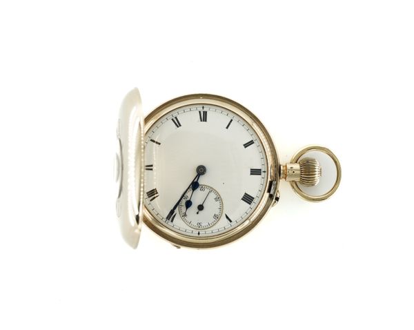 A 9CT GOLD CASED HALF HUNTING CASED GENTLEMAN'S POCKET WATCH