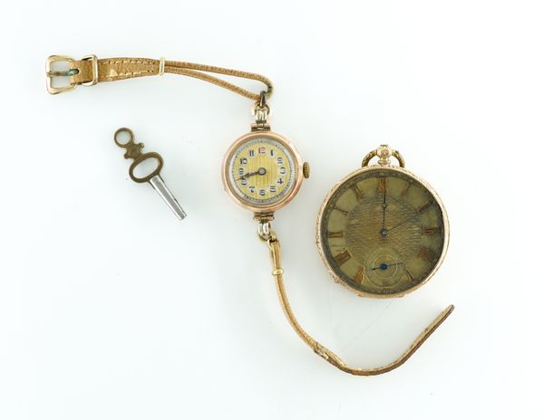 A GOLD CASED OPENFACED FOB WATCH AND A LADIES 9CT GOLD CASED WRISTWATCH (2)