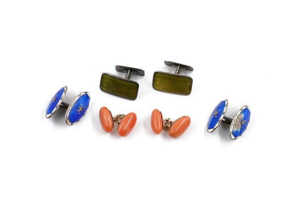 A PAIR OF GOLD AND CORAL CUFFLINKS AND TWO FURTHER PAIRS OF CUFFLINKS (3)