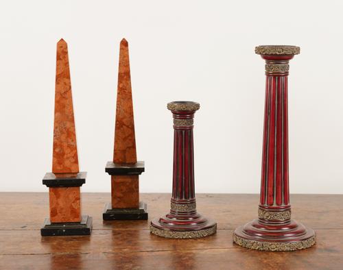 TWO BRECCIA AND BLACK FOSSIL MARBLE MOUNTED OBELISKS (4)